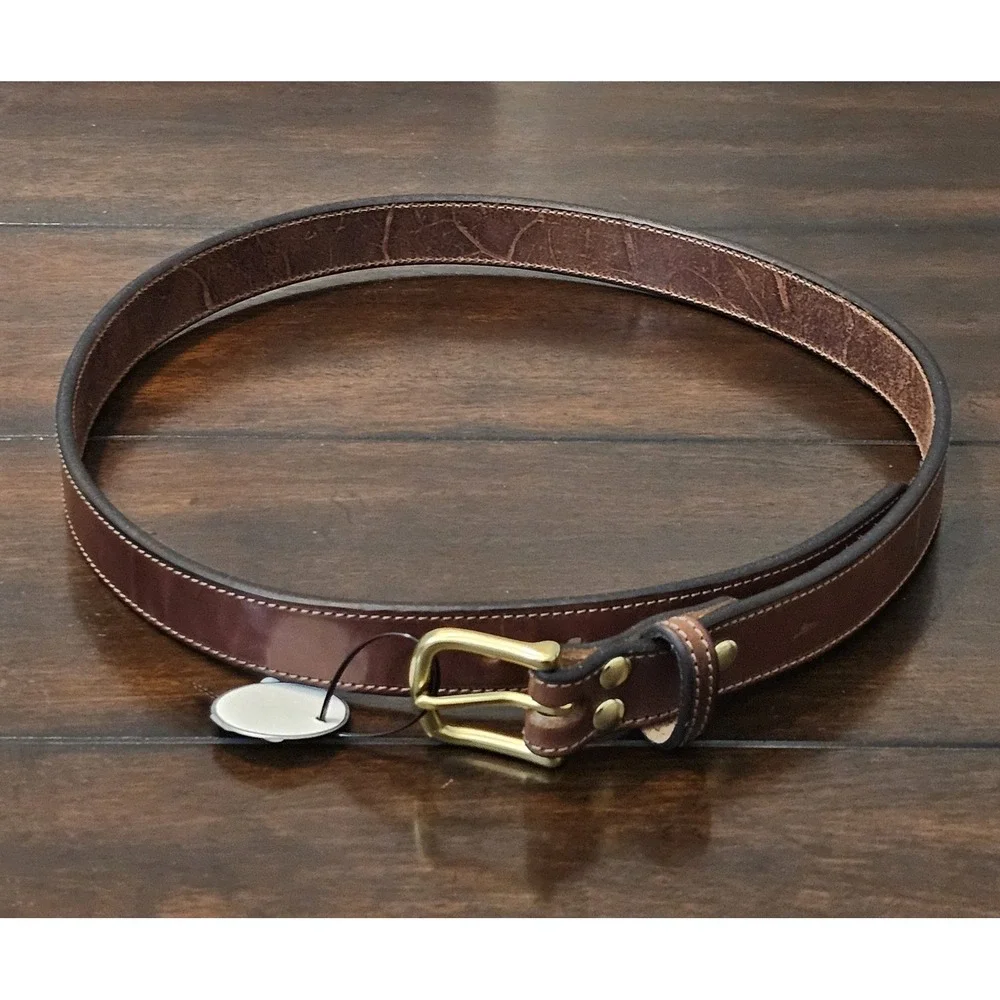 Clayton & Crume Traditional Stitched Leather Belt Size 38 Brown Brass Buckle - Picture 2 of 6